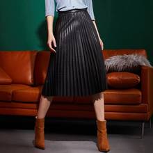 Falda plisada de cuero real para mujer, falda larga de piel de oveja negra, falda gótica de invierno, 2021 2024 - compra barato