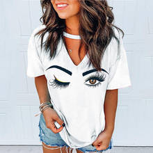 Summer Ladies Short Sleeve Round Neck Tee Shirts White Tops Loose Eyes Print Cutout Front Casual T-shirt For Women 2024 - buy cheap