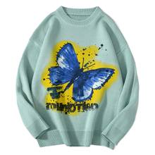 Hip Hop Streetwear Mens Knitted Sweater Autumn Graffiti Butterfly Harajuku Sweater Oversize Cotton Loose Pullovers Men Clothing 2024 - купить недорого