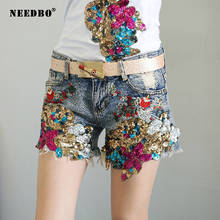 Needbo shorts femininos jeans 2020 bordado lantejoulas denim shorts feminino perna larga caual verão senhoras shorts jeans 2024 - compre barato