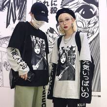 ins same Harajuku bf style dark manga Japanese text printing stitching fake two men women Sweatshirt hoodie bottoming Sweatshirt 2024 - buy cheap