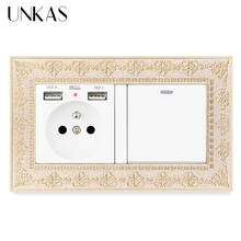 UNKAS 4D Zinc Alloy Metal Panel French Socket Dual USB Port + 1 Gang 1 / 2 Way On / Off Light Switch Embossing Retro Frame 2024 - buy cheap