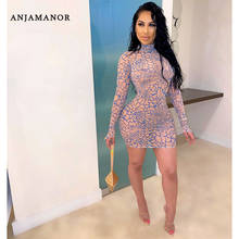 ANJAMANOR Fashion Printed Nude Sheer Mesh Dresses for Women Party Night Club Wear Long Sleeve Bodycon Mini Dress D6-BI14 2024 - buy cheap