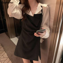 Vestido feminino de manga comprida com costura lateral, duas peças falso, elegante, simples, solto e fino, primavera 2024 - compre barato