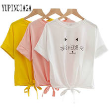 Women Hem tie Print Funny T Shirts Short Sleeve O-Neck Cotton T Shirt 2020 Spring Femme Harajuku Cute Basic Tops Tees YUPINCIAGA 2024 - buy cheap