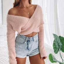 Foridol sexy off shoulder cropped pullovers sweater women fluffy autumn winter tops fuzzy vintage casual pink jumper  2024 - buy cheap