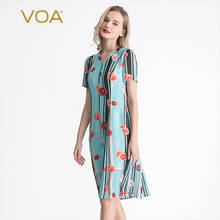 VOA Silk Georgette Light Blue Bottom Car Inner Printed Short Sleeve Loose Waist Double Layer Summer Light Breathable Dress AE22 2024 - buy cheap