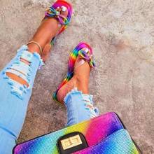 Sandálias de verão femininas, chinelos de dedo quadrado, laço, sandálias coloridas de arco-íris para mulheres, calçado feminino casual confortável para praia 2024 - compre barato