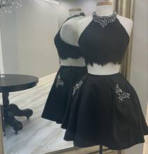 2 Pieces Short A-Line Halter Satin Black Beaded Homecoming Dresses with Pockets Knee Length Zipper Graduation Dresses for Teens 2024 - buy cheap