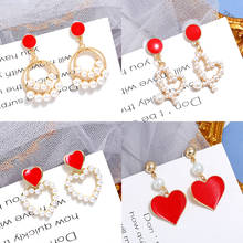 New Enamel Geometry Love Heart Pendant Imitation Pearl Earrings For Women Exaggerated Big Red Statement Earrings For Party Gifts 2024 - buy cheap