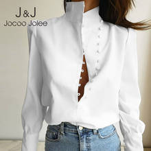 Elegant Office Lady Solid Shirt Casual Puff Long Sleeve Turtleneck Blouse Casual Single-Breasted Solid White Tops Simple Blouse 2024 - buy cheap