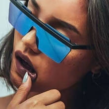 Квадратные Солнцезащитные очки без оправы для женщин, большие плоские солнцезащитные очки, мужские винтажные зеркальные очки синего и серебристого цвета UV400 2024 - купить недорого