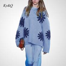 Elegant blue pink Flower Printed Oversize Pullovers Women Winter Knit Warm O-Neck Loose Long Sweaters Street wear Outerwear 2021 2024 - buy cheap