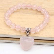Kft natural rosa rosa de cristal de quartzo amor coração balançar em torno de grânulos soltos pulseira de pedra para mulheres masculino meninas jóias 2024 - compre barato