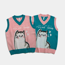 Sweater Vest Women V-Neck Cartoon Cat traf Sueter Simple Slim All-Match Casual Korean Style Teens Chic Aesthetic Autumn Winter 2024 - buy cheap