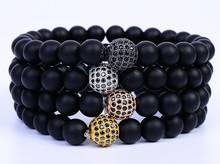 8mm xi343 gold silver ball Frosted agate Onyx nature black stone a micro pave cz zircon cubic zirconia Bracelet Reiki Chakra 2024 - buy cheap