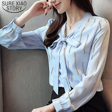 Autumn Fashion Long Sleeve Women Striped Chiffon Blouses V-neck Women Clothing Blue Casual Women Tops Office Lady 5497 50 2024 - buy cheap