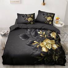 Ouro flor 3d impressão digital conjunto de cama personalizado 2/3 peças solteiro casal queen capa de edredão têxtil preto colcha 2024 - compre barato