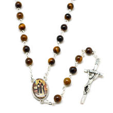 6mm Stylish Natural Tiger Eye Stone Beads Strand Chain St. Martin's Catholic Rosary Necklacewith Cross Hanging Drop Jewelry Gift 2024 - buy cheap