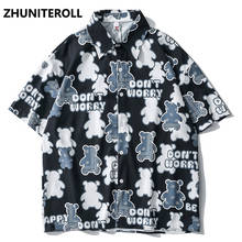 2021 camisa havaiana harajuku urso engraçado impressão praia camisa dos homens hip hop verão manga curta moda casual aloha camisa streetwear 2024 - compre barato