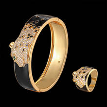 Brazalete con diseño de animal y anillo de lujo, conjunto de joyería con efecto de alivio lacado negro de gota con micro circonita incrustada de leopardo, joyería de moda 2024 - compra barato