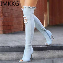2019 Hot Women Boots summer peep toe Over Knee high Boots good quality denim fashion boots 10cm high heels plus size 41 2024 - buy cheap