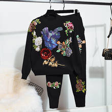 Sports Knitted Set Female Autumn Winter Fashion Loose Women Sequin Flower Long sleeve Sweater Long Pants Female Tracksuit 2pcs 2024 - buy cheap