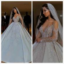 Блестящие Свадебные платья в африканском стиле, свадебные платья с длинными рукавами и прозрачной горловиной, атласные свадебные платья с бисером и блестками, 2019 2024 - купить недорого