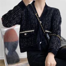 LMQ NEW 2021 Little Fragrant Wind Black Gold Color Sweater Jacket Women Korean Style Seahorse Hair Splicing Knitted Cardigan Top 2024 - buy cheap