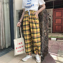 HAPEDY Vintage Yellow Plaid Japanese Harajuku Summer Pants Women Casual Drawstring Ankle Length Loose Wide Leg Cotton Pants 2024 - buy cheap