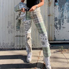 Plaid Print Vintage Straight Pant Indie Raw Edge Splice Jeans Women 2021 Spring Autumn New Fashion High Waist Trousers Y2k Green 2024 - buy cheap