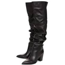 Pleated Tube Black Brown Smooth Genuine Leather Over The Knee Boots Fashion Lady Pointed Toe Thigh High Knight Boots 2024 - buy cheap