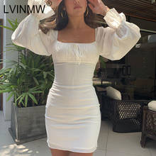 LVINMW сексуальное платье с квадратным воротником, рюшами, длинным Расклешенным рукавом, облегающее платье, модное белое спереди, на шнуровке, с бантом, мини-платья, женские вечерние платья для клуба 2024 - купить недорого
