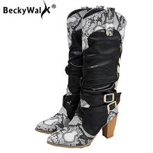 New Women Boots Fashion Autumn Winter Mid-calf High Boots Thick Heels Snake Print Patchwork Women Shoes Plus Size 34-43 WSH3449 2024 - buy cheap