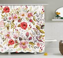 Vintage cortina de chuveiro tema floral mão desenhada flores românticas e folhas ilustração tecido decoração do banheiro conjunto com ganchos 2024 - compre barato