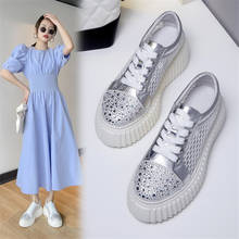 PXELENA Luxury Women Casual Comfort Genuine Leather Flat Shoes Crystal Studded Lace Up Mesh Breathable Platform Sneakers Spring 2024 - buy cheap