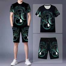 Men's short-sleeved phoenix pattern suit summer short-sleeved T-shirt + shorts 2-piece 3D green dragon printing men's clothing 2024 - buy cheap