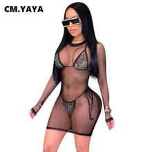 CM.YAYA Women Bikinis Set Mesh See-through Wire Free Bandage Hollow Out Low Waist Sheath Elastic 3 Piece Set Beachwear Swimsuit 2024 - buy cheap