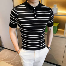 Men Summer New High Quality Slim Fit Polo Shirt Casual Knitted Polos Homme Short Sleeve Striped Turn Down Collar Polo Shirts B34 2024 - buy cheap