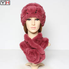 2020 New Winter Flowers Style 100%Genuine Rex Rabbit Fur Scarf Hat Set Lady Soft Warm Knitted Scarves Natural Fur Mufflers Caps 2024 - buy cheap