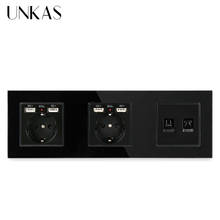 UNKAS-Panel de vidrio con enchufe estándar europeo doble y 4 puertos de carga USB hembra, teléfono RJ11 con Internet, datos de ordenador, RJ45, CAT5E 2024 - compra barato