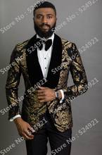 Men Suits Black and Gold Pattern Groom Tuxedos Shawl Velvet Lapel Groomsmen Wedding Best Man ( Jacket+Pants+Bow Tie ) C710 2024 - buy cheap