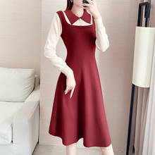 New Autumn Winter Sweater Dress Women A-line Long Sleeve Fake Two Piece Knitted Dress Elegant Turn Down Collar Pullover Vestidos 2024 - buy cheap