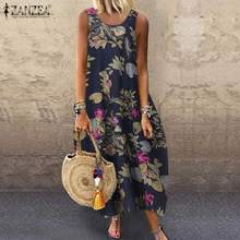 ZANZEA Women Cotton Linen Dress Vintage Summer Floral Printed Long Dress Sleeveless Sundress Baggy Beach Vestido Sarafans 2024 - buy cheap