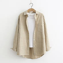 Camisa xadrez retrô feminina, manga longa solta gola virada para baixo, blusa de algodão 2024 - compre barato