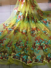 Tela de encaje de malla amarilla con flores bonitas, con cuentas y piedra, bonita tela de encaje nigeriano de alta calidad para espectáculos de moda 2024 - compra barato