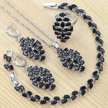 925 Sterling Silver Jewelry Set for Women Black Cubic Zirconia Punk Bracelet Pendant Chain Earrings Ring 2024 - buy cheap