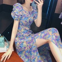 Vestido feminino com estampa floral, sensual, manga bufante, chiffon, festa, verão, elegante, vintage, retrô, dividido, 2020 2024 - compre barato