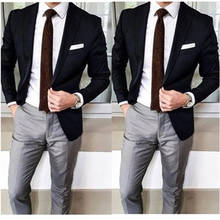 Two Pieces Custom Men Suits Tuxedo for Wedding Business Blazer Peak Lapel Costume Party Suits (Black Jacket+Grey Pant) 2024 - buy cheap