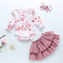 0-24M Baby Girls 3Pcs Set Round Neck Flower Print Romper Solid Pleated Bubble Skirt Bow Headband Infant Girls Summer Set 2024 - buy cheap
